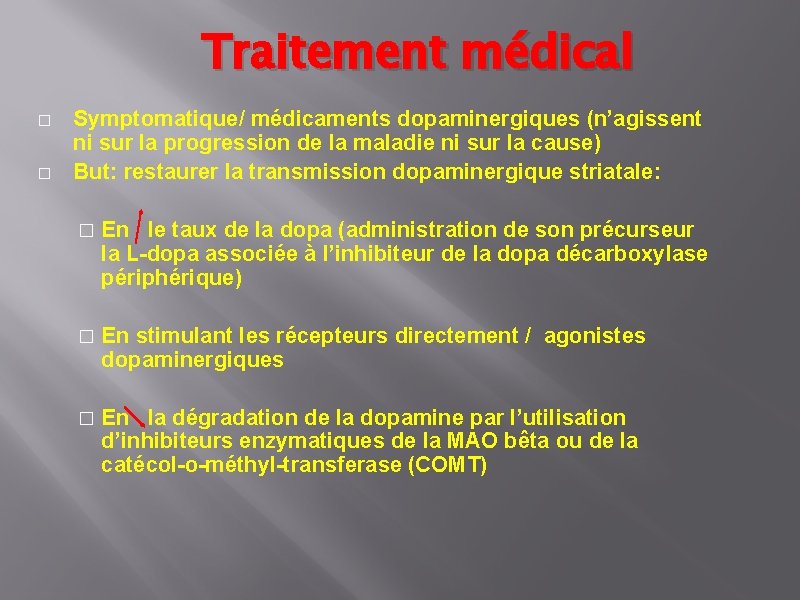 Traitement médical � � Symptomatique/ médicaments dopaminergiques (n’agissent ni sur la progression de la