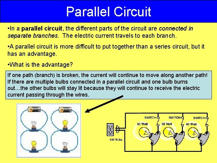 Parallel Circuit • In a parallel circuit, circuit the different parts of the circuit