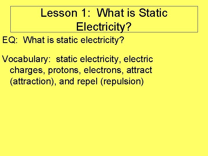 Lesson 1: What is Static Electricity? EQ: What is static electricity? Vocabulary: static electricity,