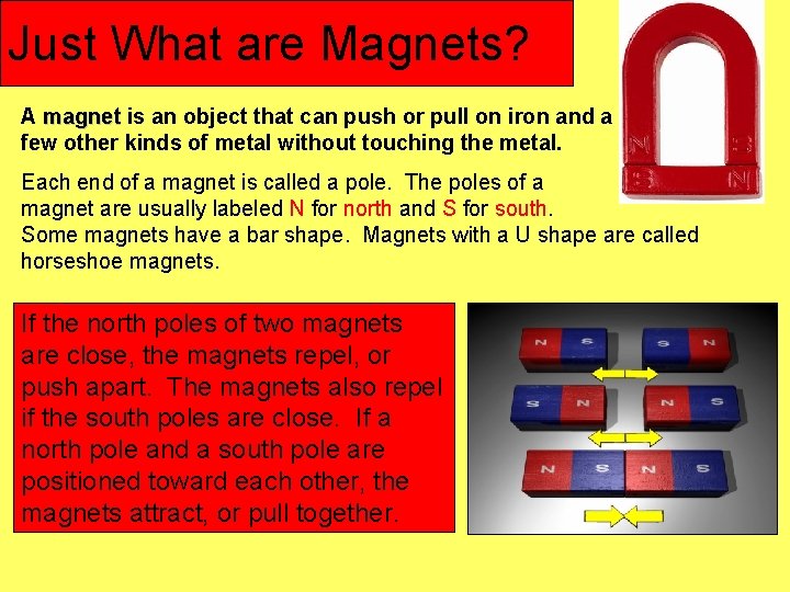 Just What are Magnets? A magnet is an object that can push or pull