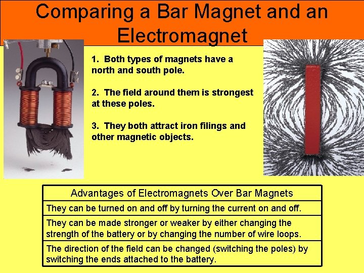 Comparing a Bar Magnet and an Electromagnet 1. Both types of magnets have a