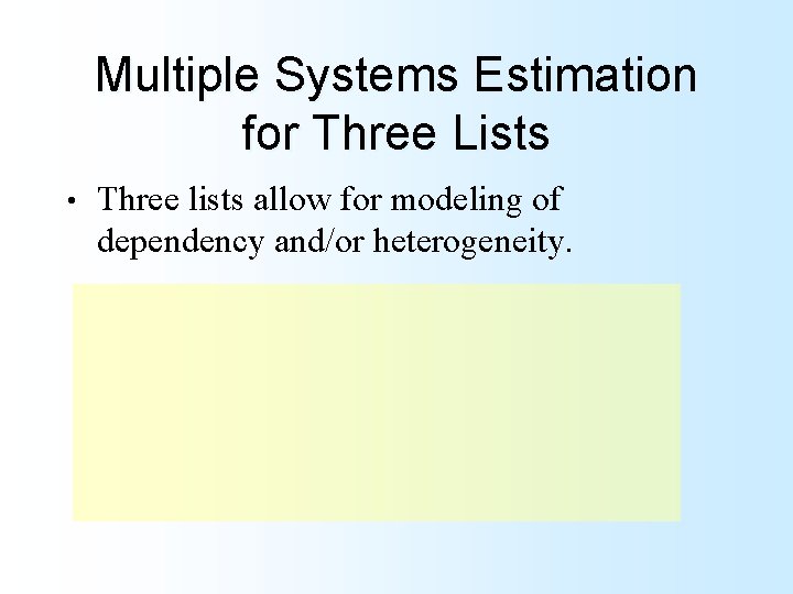 Multiple Systems Estimation for Three Lists • Three lists allow for modeling of dependency