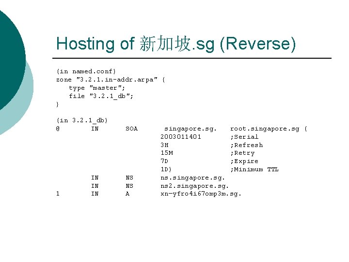 Hosting of 新加坡. sg (Reverse) (in named. conf) zone "3. 2. 1. in-addr. arpa"