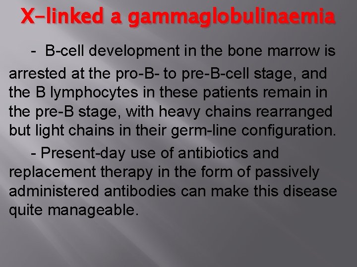 X-linked a gammaglobulinaemia - B-cell development in the bone marrow is arrested at the