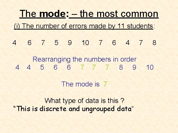 The mode: – the most common (i) The number of errors made by 11