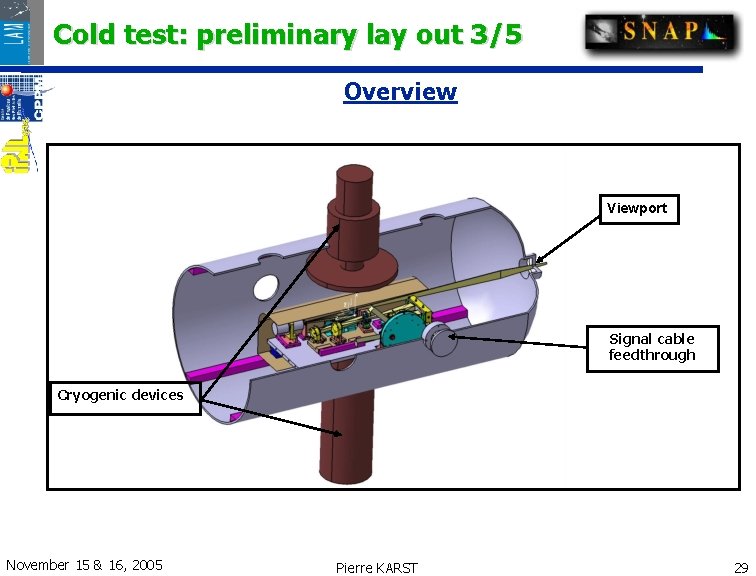 Cold test: preliminary lay out 3/5 Overview Viewport Signal cable feedthrough Cryogenic devices November