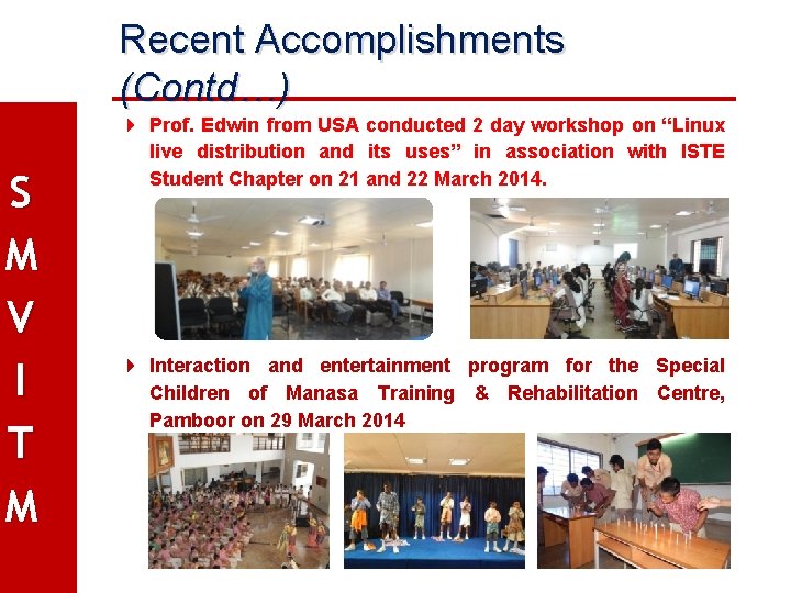 Recent Accomplishments (Contd…) S M V I T M Prof. Edwin from USA conducted