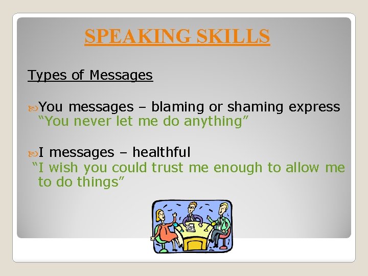 SPEAKING SKILLS Types of Messages You messages – blaming or shaming express “You never