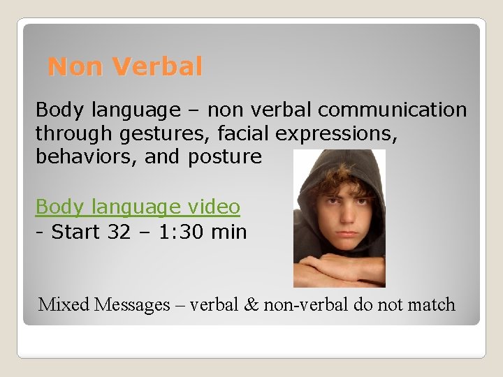 Non Verbal Body language – non verbal communication through gestures, facial expressions, behaviors, and