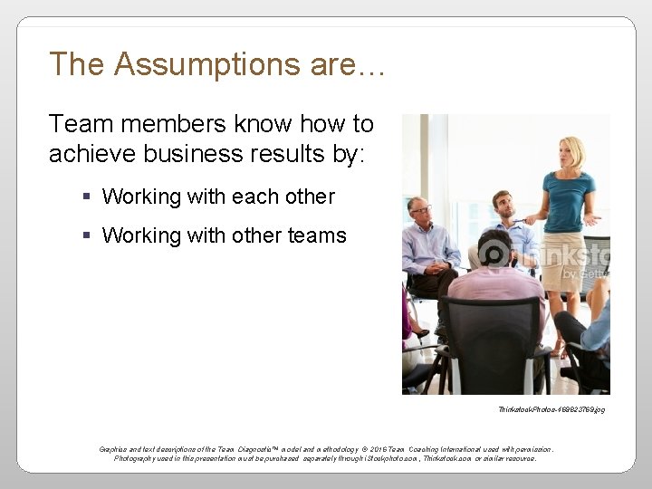The Assumptions are… Team members know how to achieve business results by: § Working