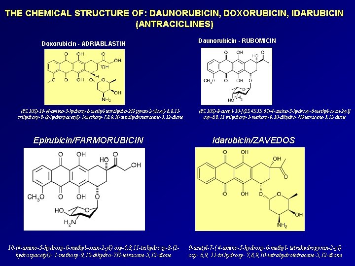THE CHEMICAL STRUCTURE OF: DAUNORUBICIN, DOXORUBICIN, IDARUBICIN (ANTRACICLINES) Doxorubicin - ADRIABLASTIN (8 S, 10