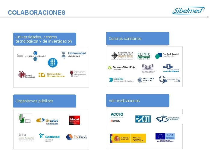 COLABORACIONES Universidades, centros tecnológicos y de investigación Centros sanitarios Organismos públicos Administraciones 