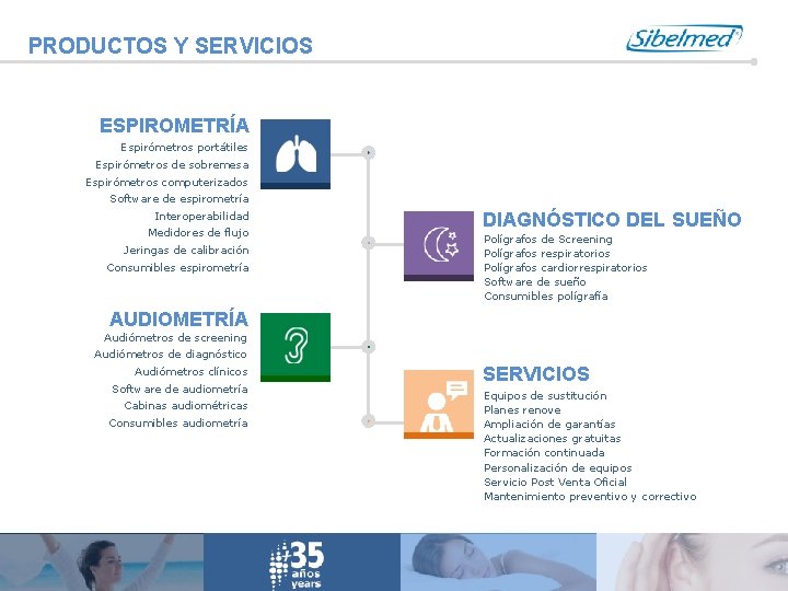 PRODUCTOS Y SERVICIOS ESPIROMETRÍA Espirómetros portátiles Espirómetros de sobremesa Espirómetros computerizados Software de espirometría