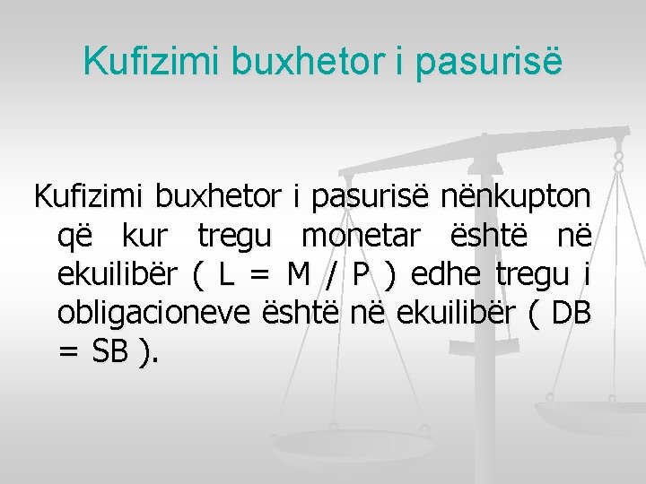 Kufizimi buxhetor i pasurisë nënkupton që kur tregu monetar është në ekuilibër ( L