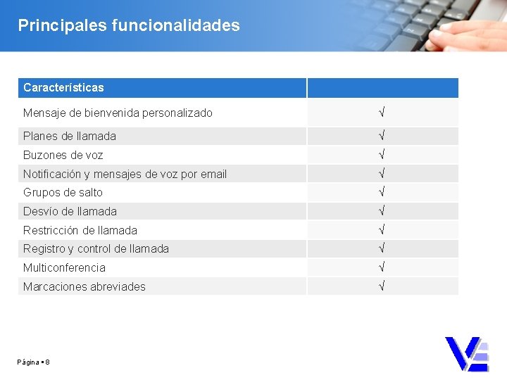 Principales funcionalidades Características Mensaje de bienvenida personalizado √ Planes de llamada √ Buzones de