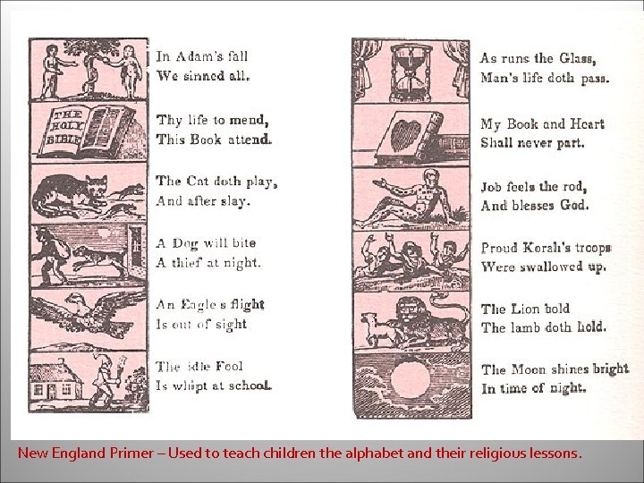 New England Primer – Used to teach children the alphabet and their religious lessons.