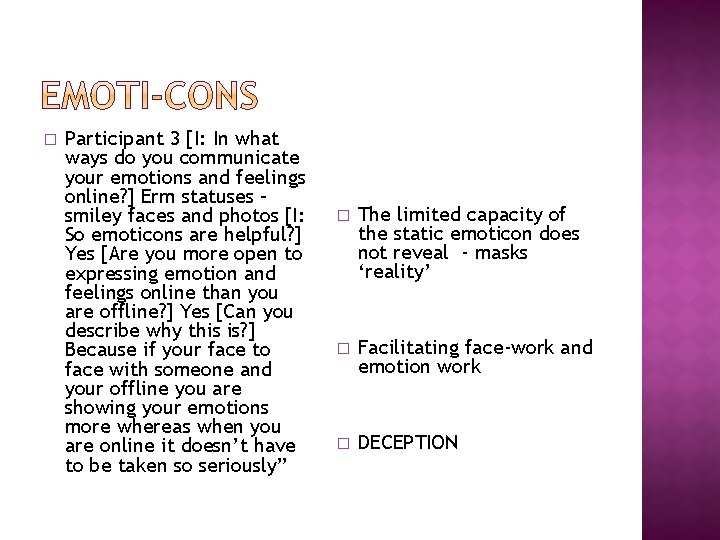 � Participant 3 [I: In what ways do you communicate your emotions and feelings