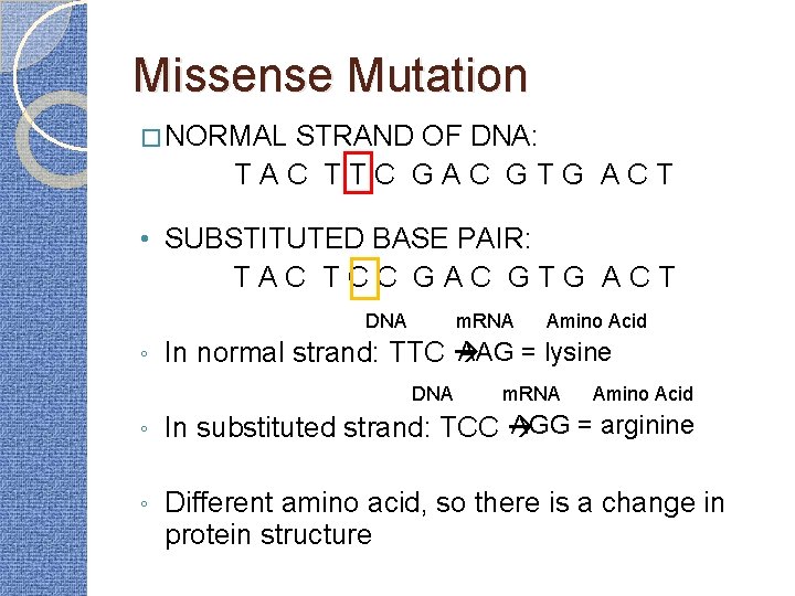 Missense Mutation � NORMAL STRAND OF DNA: TAC TTC GAC GTG ACT • SUBSTITUTED