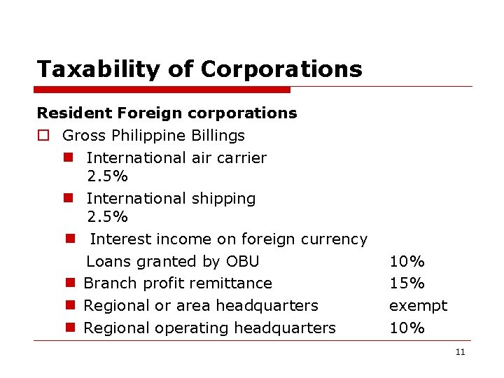 Taxability of Corporations Resident Foreign corporations o Gross Philippine Billings n International air carrier