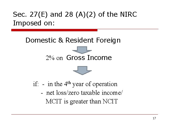 Sec. 27(E) and 28 (A)(2) of the NIRC Imposed on: Domestic & Resident Foreign