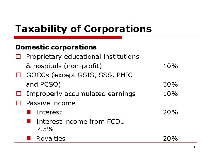 Taxability of Corporations Domestic corporations o Proprietary educational institutions & hospitals (non-profit) o GOCCs