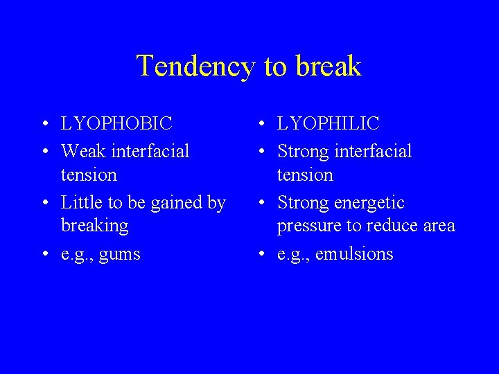 Tendency to break • LYOPHOBIC • Weak interfacial tension • Little to be gained