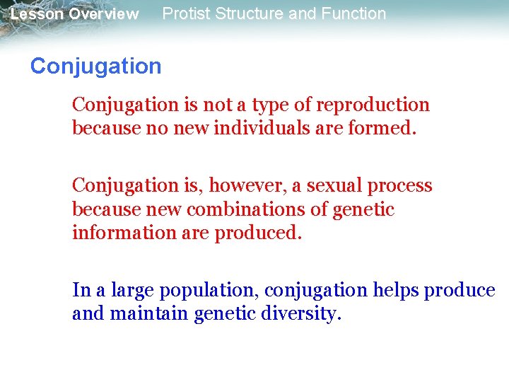 Lesson Overview Protist Structure and Function Conjugation is not a type of reproduction because