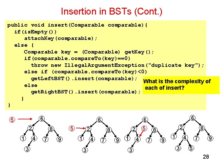 Insertion in BSTs (Cont. ) public void insert(Comparable comparable){ if(is. Empty()) attach. Key(comparable); else