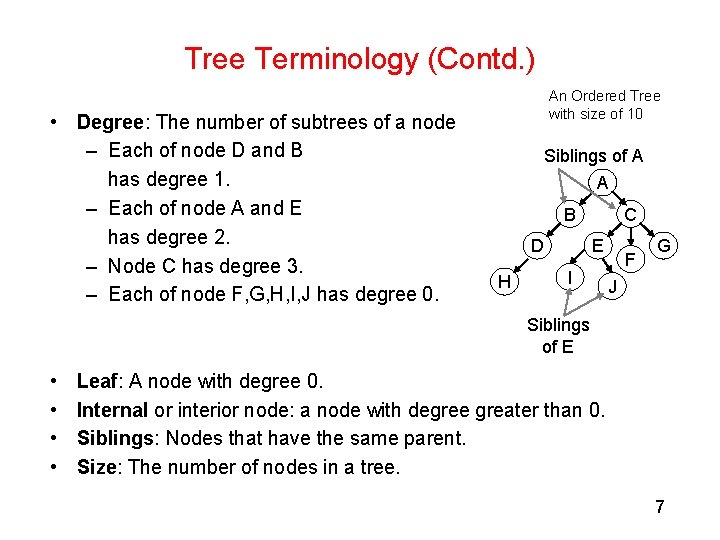 Tree Terminology (Contd. ) • Degree: The number of subtrees of a node –