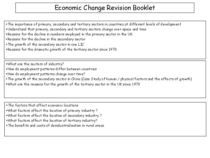 Economic Change Revision Booklet • The importance of primary, secondary and tertiary sectors in