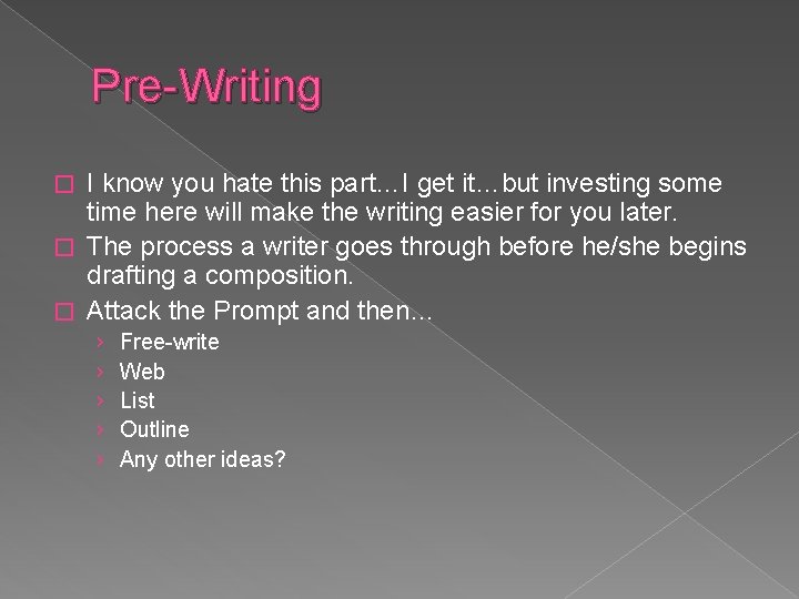 Writing Lesson Overview The Writing Process Prewriting Brainstorming