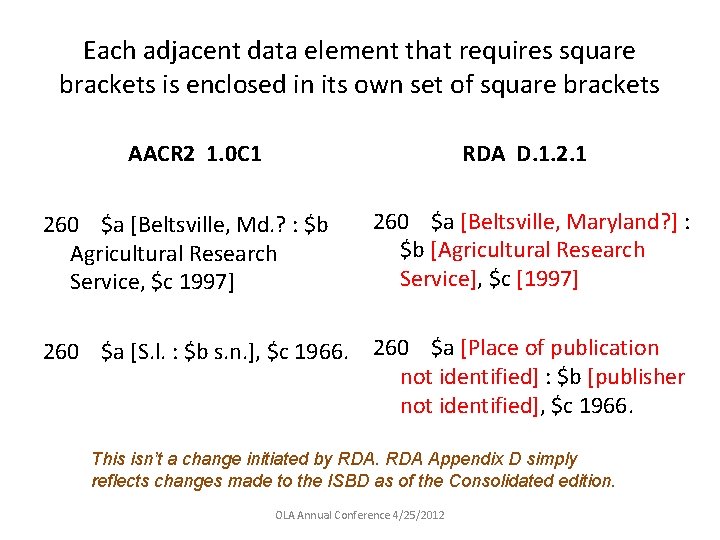 Each adjacent data element that requires square brackets is enclosed in its own set