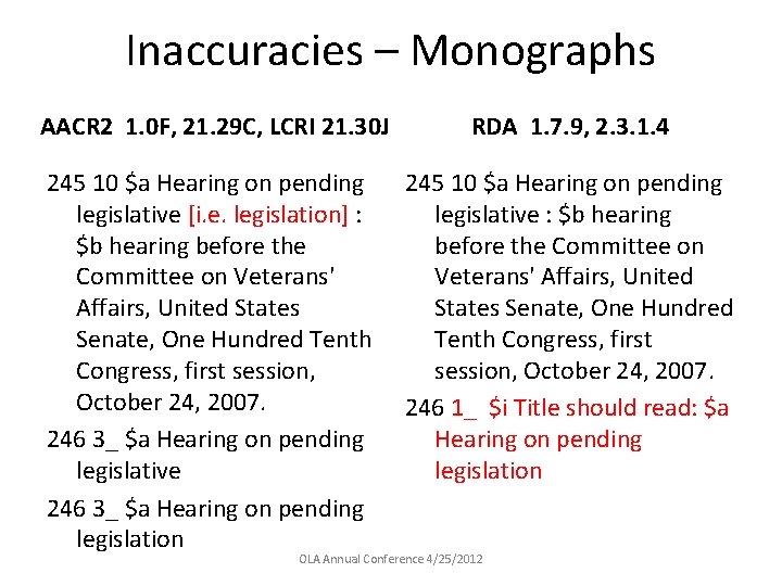 Inaccuracies – Monographs AACR 2 1. 0 F, 21. 29 C, LCRI 21. 30