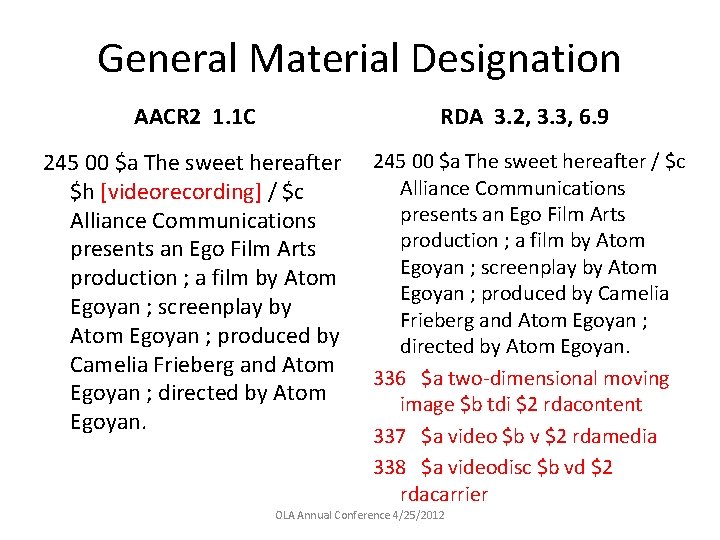 General Material Designation AACR 2 1. 1 C RDA 3. 2, 3. 3, 6.