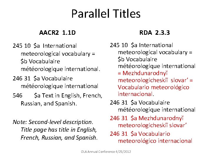 Parallel Titles AACR 2 1. 1 D RDA 2. 3. 3 245 10 $a