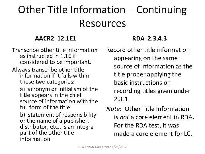 Other Title Information – Continuing Resources AACR 2 12. 1 E 1 RDA 2.