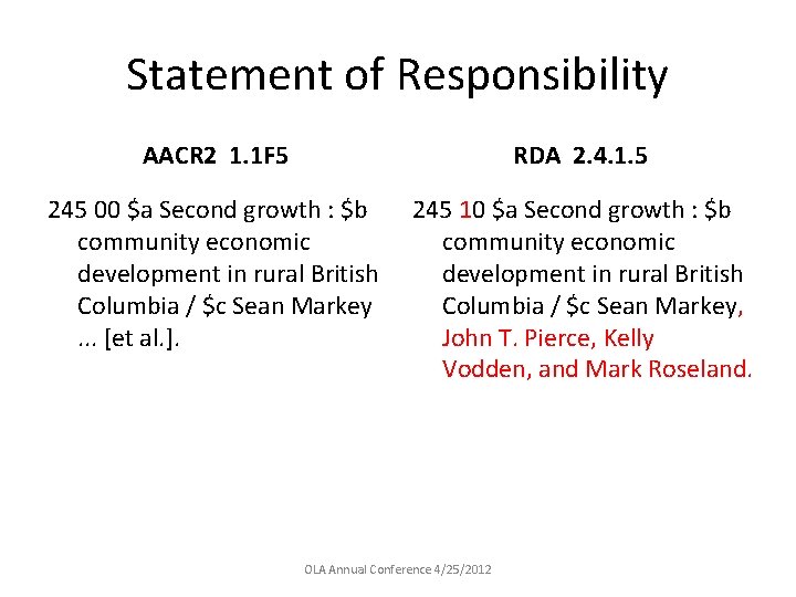 Statement of Responsibility AACR 2 1. 1 F 5 RDA 2. 4. 1. 5