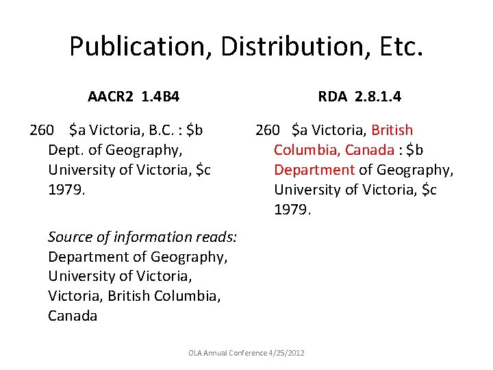 Publication, Distribution, Etc. AACR 2 1. 4 B 4 RDA 2. 8. 1. 4