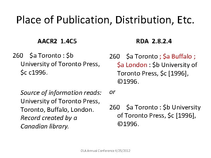 Place of Publication, Distribution, Etc. AACR 2 1. 4 C 5 RDA 2. 8.