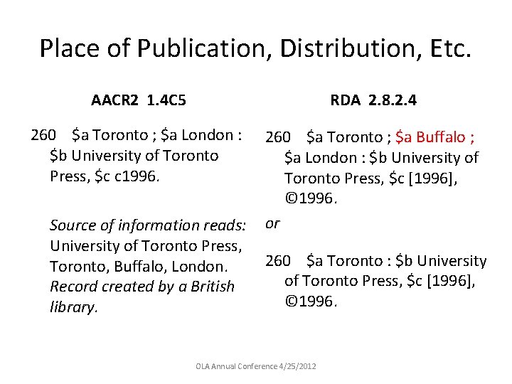 Place of Publication, Distribution, Etc. AACR 2 1. 4 C 5 RDA 2. 8.