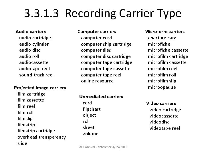 3. 3. 1. 3 Recording Carrier Type Audio carriers audio cartridge audio cylinder audio