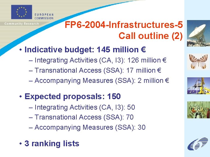 FP 6 -2004 -Infrastructures-5 Call outline (2) • Indicative budget: 145 million € –