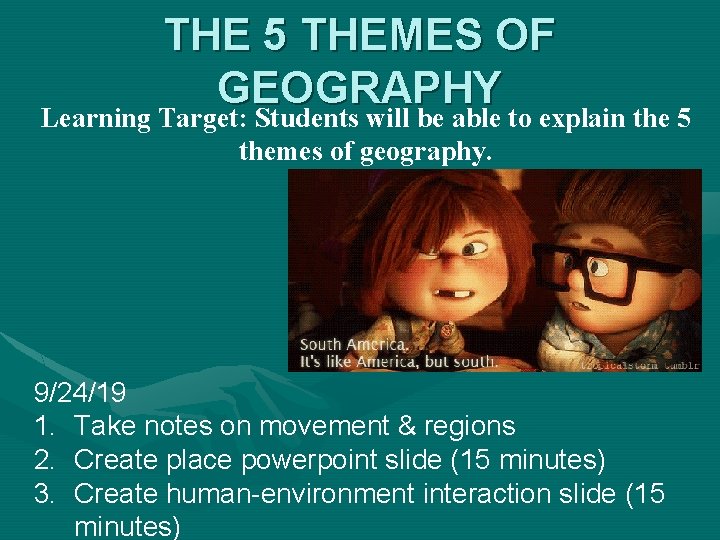 THE 5 THEMES OF GEOGRAPHY Learning Target: Students will be able to explain the