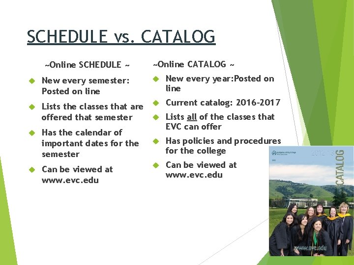 SCHEDULE vs. CATALOG ~Online SCHEDULE ~ New every semester: Posted on line ~Online CATALOG