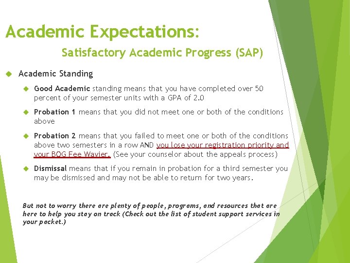 Academic Expectations: Satisfactory Academic Progress (SAP) Academic Standing Good Academic standing means that you