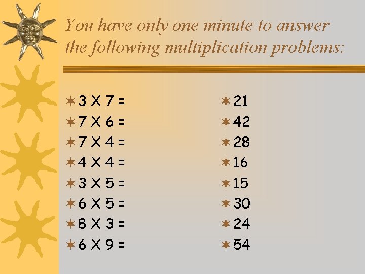 You have only one minute to answer the following multiplication problems: ¬ 3 ¬