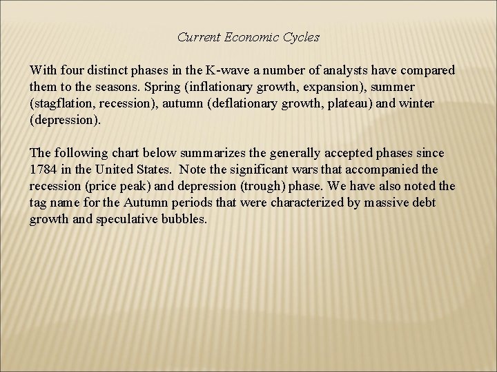 Current Economic Cycles With four distinct phases in the K-wave a number of analysts