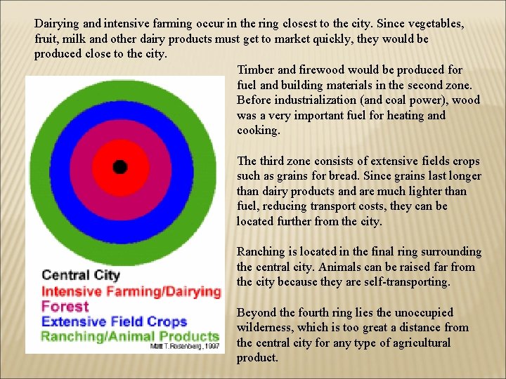 Dairying and intensive farming occur in the ring closest to the city. Since vegetables,