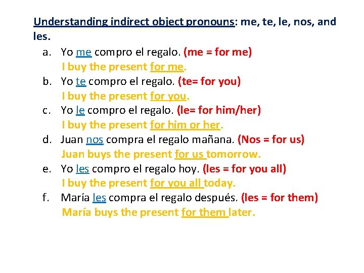 Understanding indirect object pronouns: me, te, le, nos, and les. a. Yo me compro