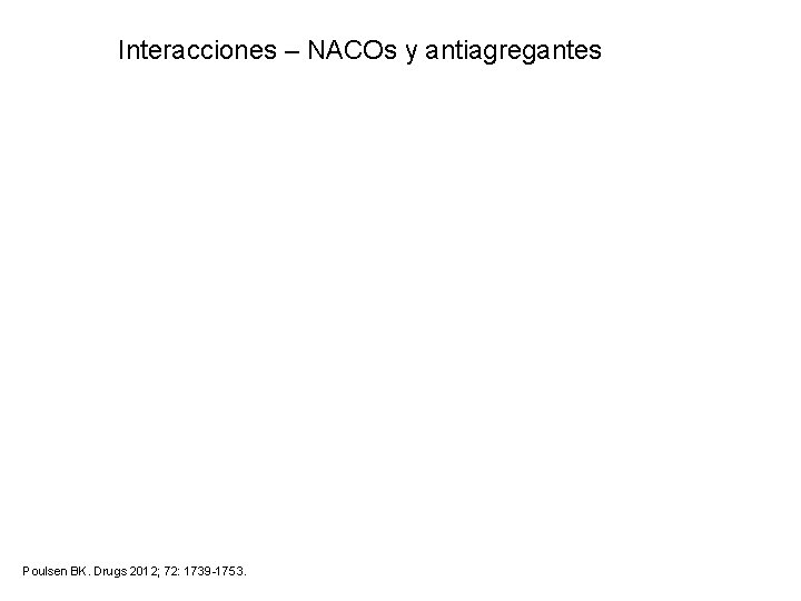 Interacciones – NACOs y antiagregantes Poulsen BK. Drugs 2012; 72: 1739 -1753. 